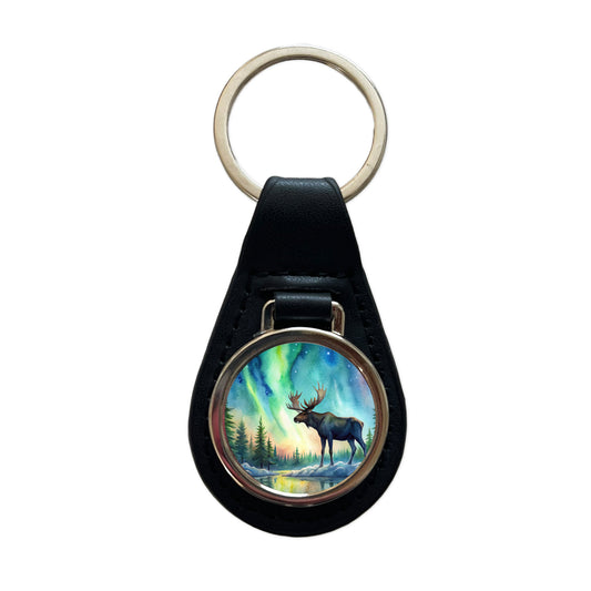 Moose And Northern Lights Watercolor Black Leather Metal Keychain