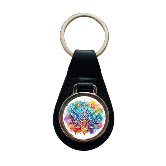 Norse Viking Symbols Watercolor Black Leather Metal Keychain