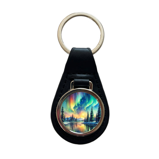 Northern Lights Watercolor Beautiful Black Leather Metal Keychain