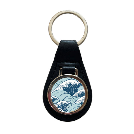 Ocean Waves Japanese Style Black Leather Metal Keychain