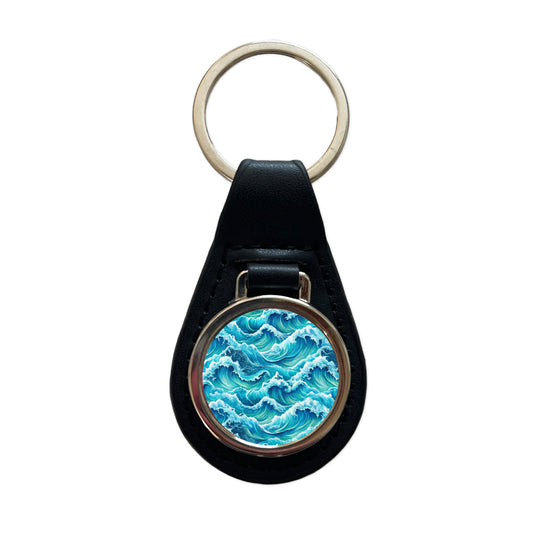 Ocean Waves Pattern Black Leather Metal Keychain