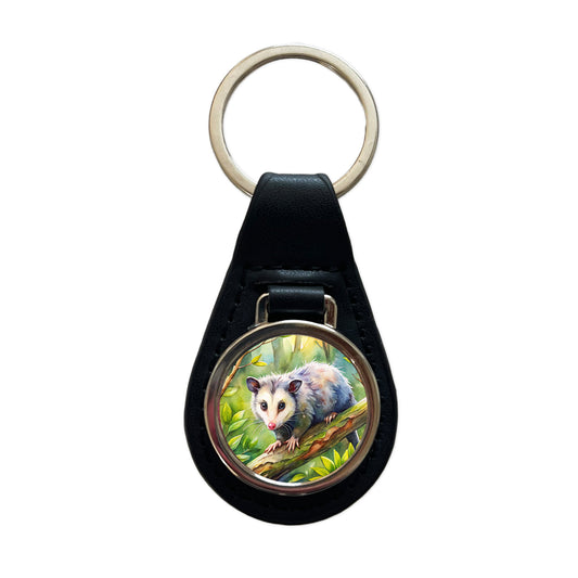 Opossum In The Forest Watercolor Black Leather Metal Keychain