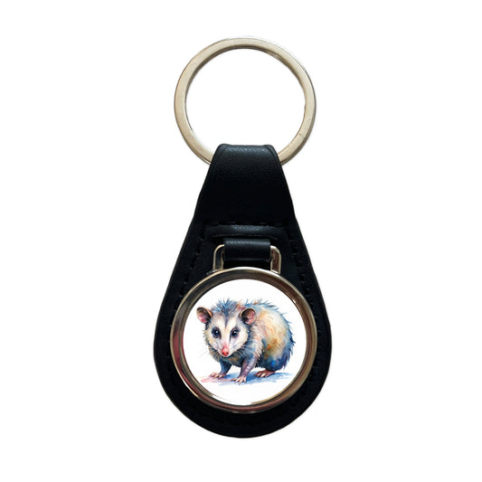 Opossum Watercolor Black Leather Metal Keychain