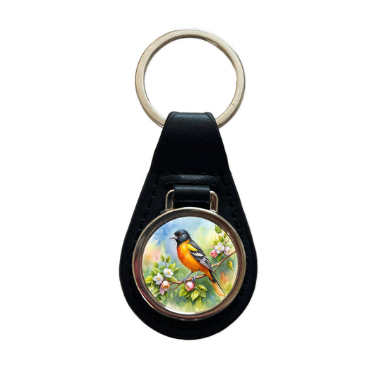 Oriole In Tree Bird Watercolor Black Leather Metal Keychain