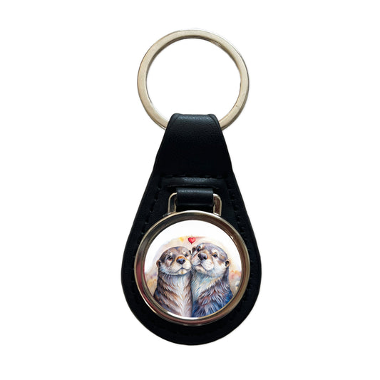 Otters In Love Heart Valentine's Day Black Leather Metal Keychain