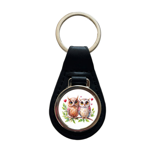 Owls In Love On Branch Hearts Valentine's Day Black Leather Metal Keychain