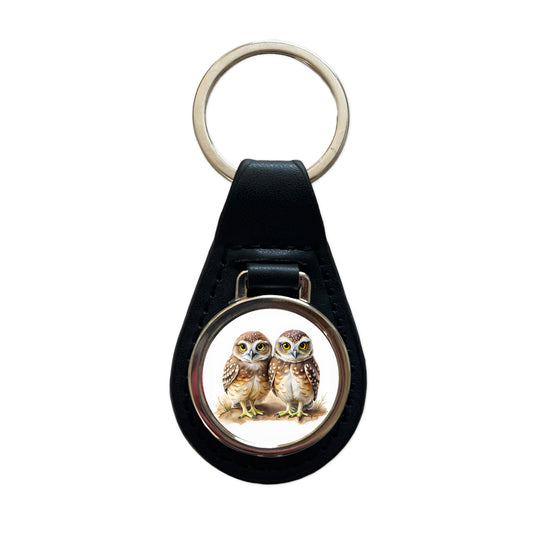 Pair Of Burrowing Owls Bird Watercolor Black Leather Metal Keychain