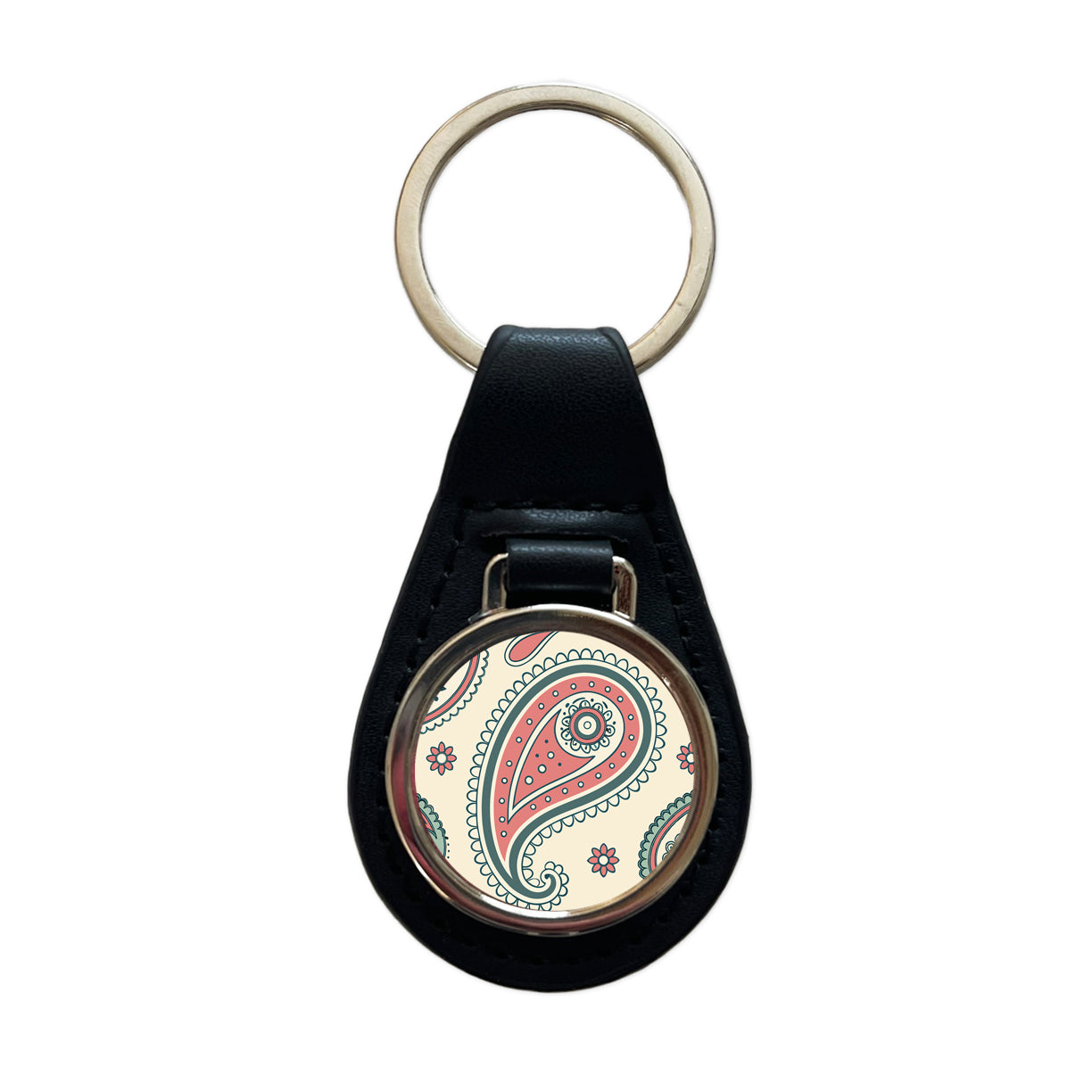 Paisley Pattern Black Leather Metal Keychain