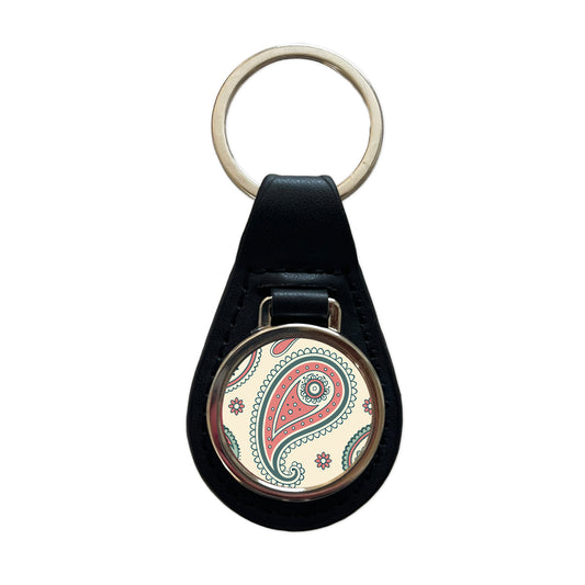 Paisley Pattern Black Leather Metal Keychain