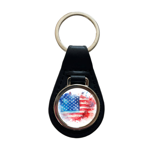 Patriotic American Flag USA Watercolor Black Leather Metal Keychain