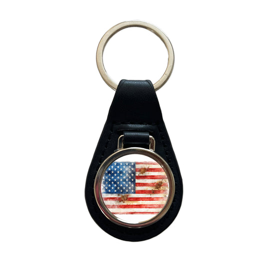 Patriotic Rustic Worn American Flag Watercolor Black Leather Metal Keychain
