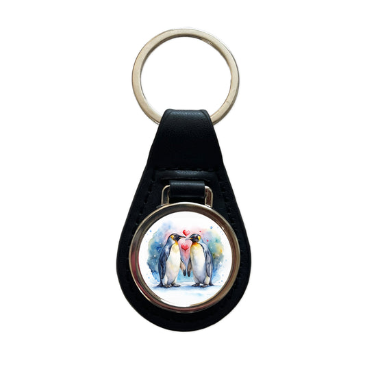 Penguins In Love Hearts Valentine's Day Black Leather Metal Keychain