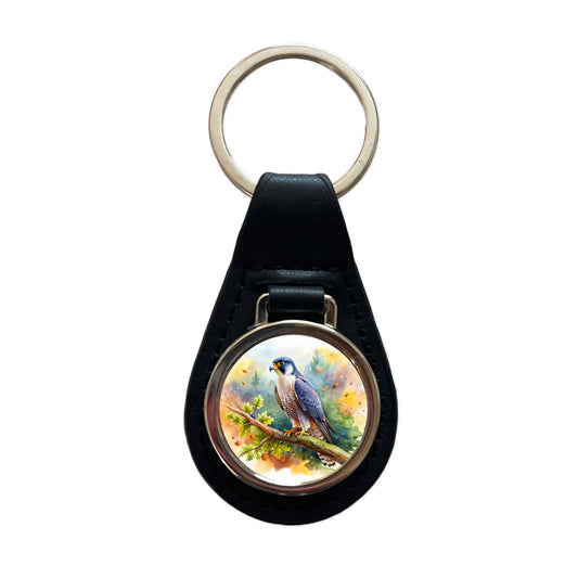 Peregrine Falcon Raptor Bird Of Prey In Tree Watercolor Black Leather Metal Keychain