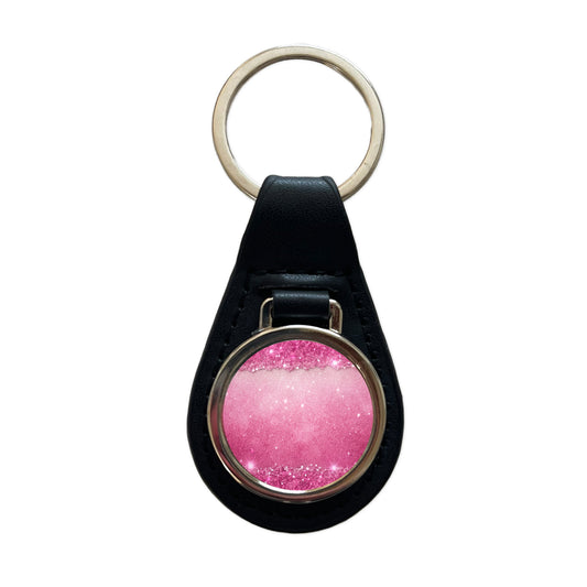 Pink Faux Glitter Black Leather Metal Keychain