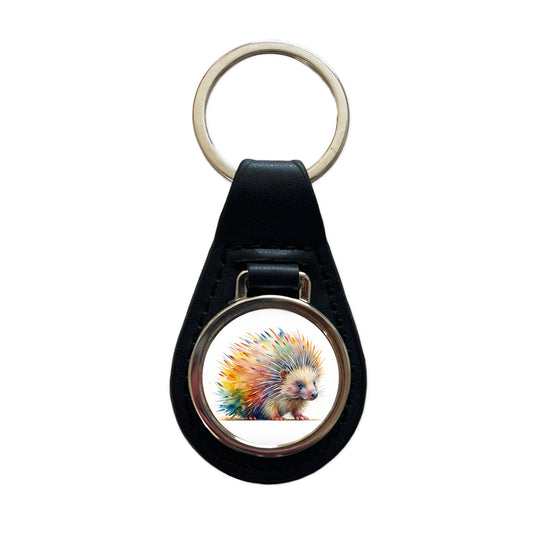 Porcupine Colorful Rainbow Watercolor Black Leather Metal Keychain