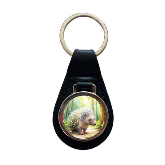 Porcupine In The Forest Watercolor Black Leather Metal Keychain