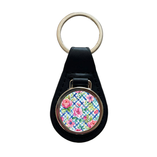 Preppy Pink Flowers Blue Gingham Plaid Black Leather Metal Keychain
