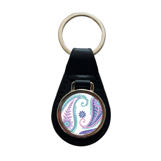 Pretty Paisley Black Leather Metal Keychain
