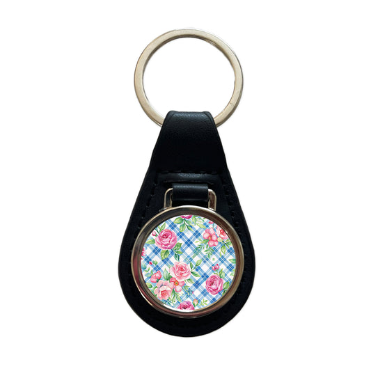 Pretty Pink Flowers Floral Blue Wallpaper Black Leather Metal Keychain