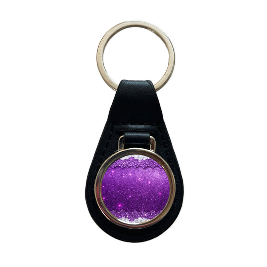 Purple Faux Glitter Black Leather Metal Keychain