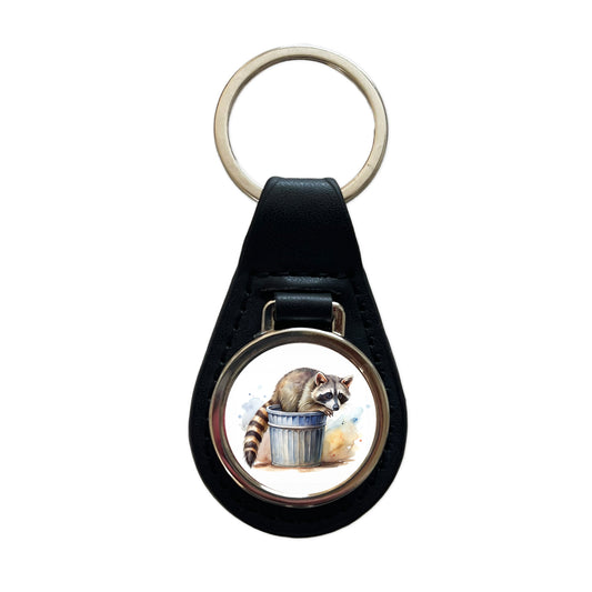 Raccoon In A Trash Can Panda Watercolor Black Leather Metal Keychain