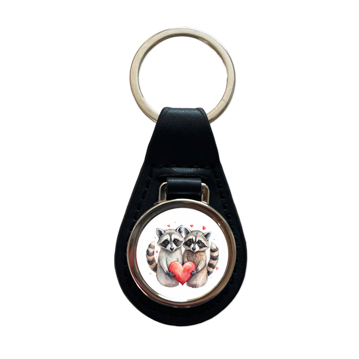 Raccoons In Love With Hearts Valentine's Day Black Leather Metal Keychain