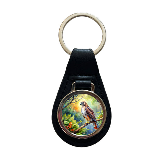 Red-tailed Hawk Raptor Bird Of Prey In Tree Watercolor Black Leather Metal Keychain