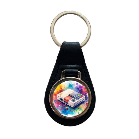 Retro Arcade Console System Watercolor Black Leather Metal Keychain