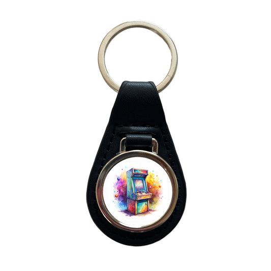 Retro Stand-up Arcade System Watercolor Black Leather Metal Keychain