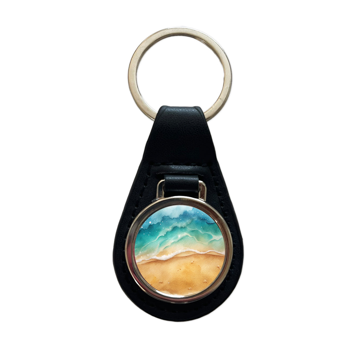 Sandy Tranquil Ocean Beach Black Leather Metal Keychain