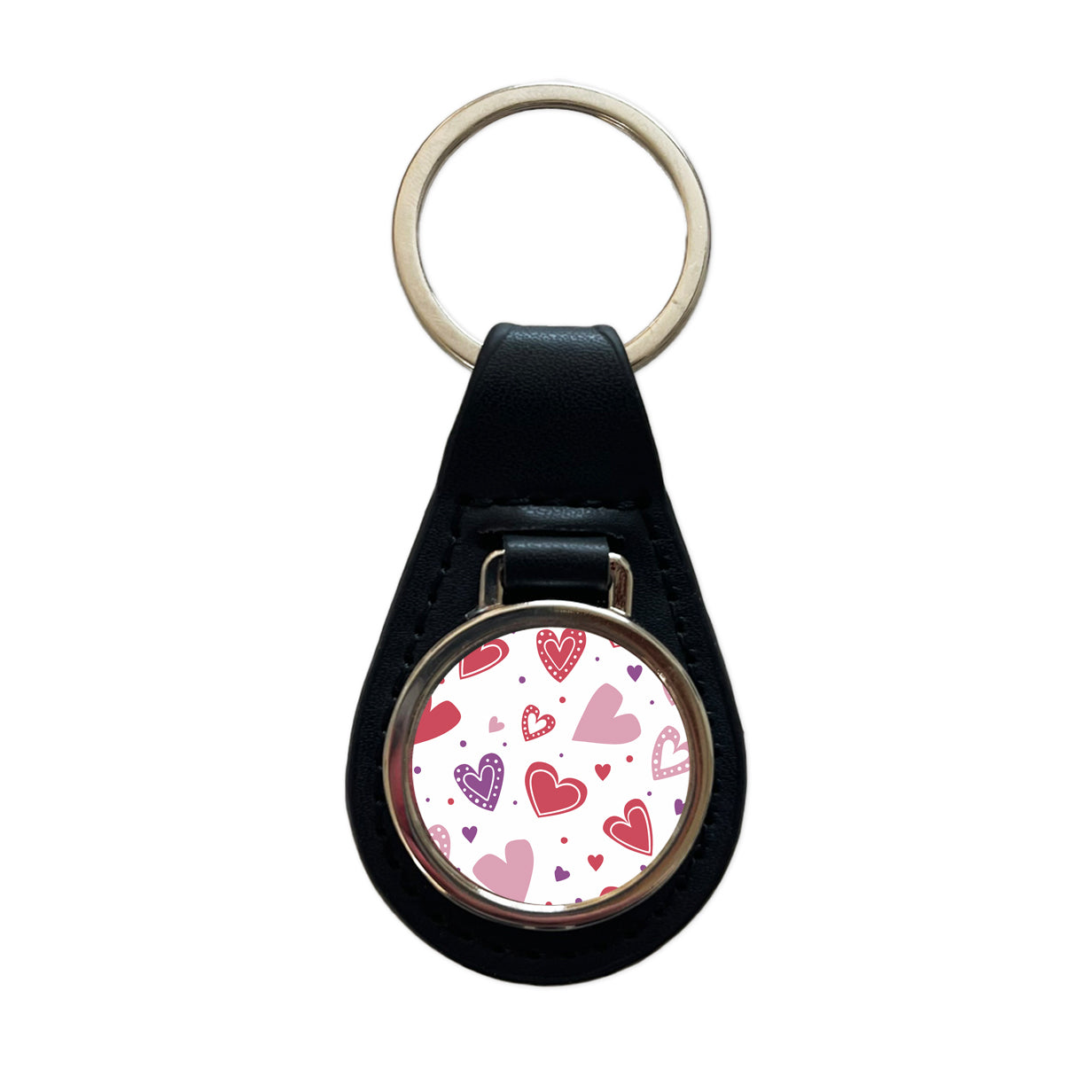 Scattered Hearts Bright Red Pink Purple Love Black Leather Metal Keychain