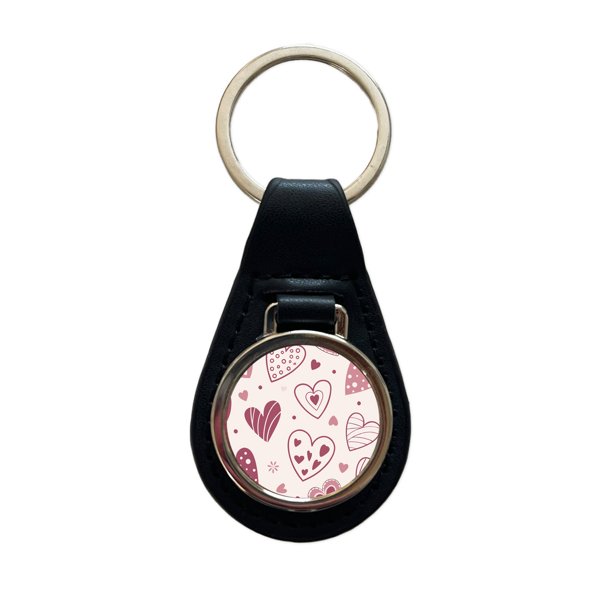 Scattered Hearts Love Valentine's Day Black Leather Metal Keychain