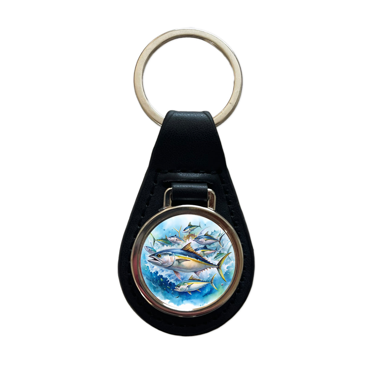 School Of Tuna Deep Sea Sport Fishing Watercolor Black Leather Metal Keychain