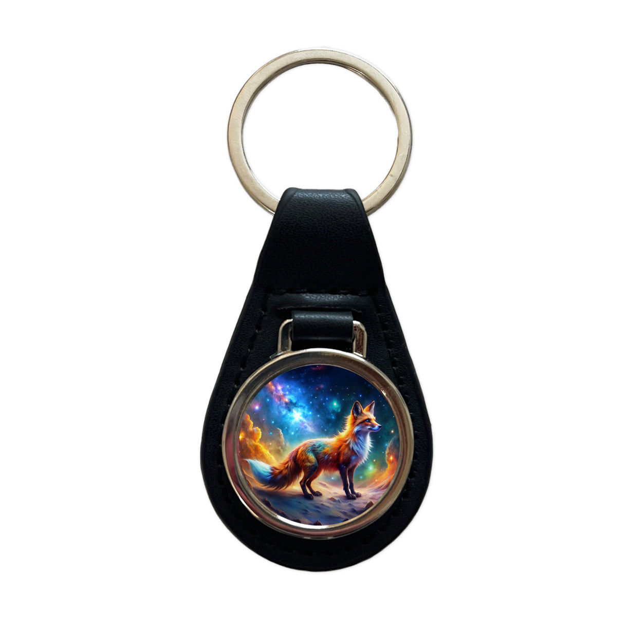 Sci-fi Fantasy Fox In Space Nebula Background Black Leather Metal Keychain
