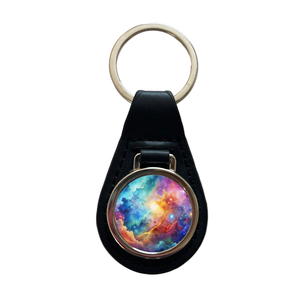 Sci-fi Fantasy Space Nebula Rainbow Watercolor Black Leather Metal Keychain