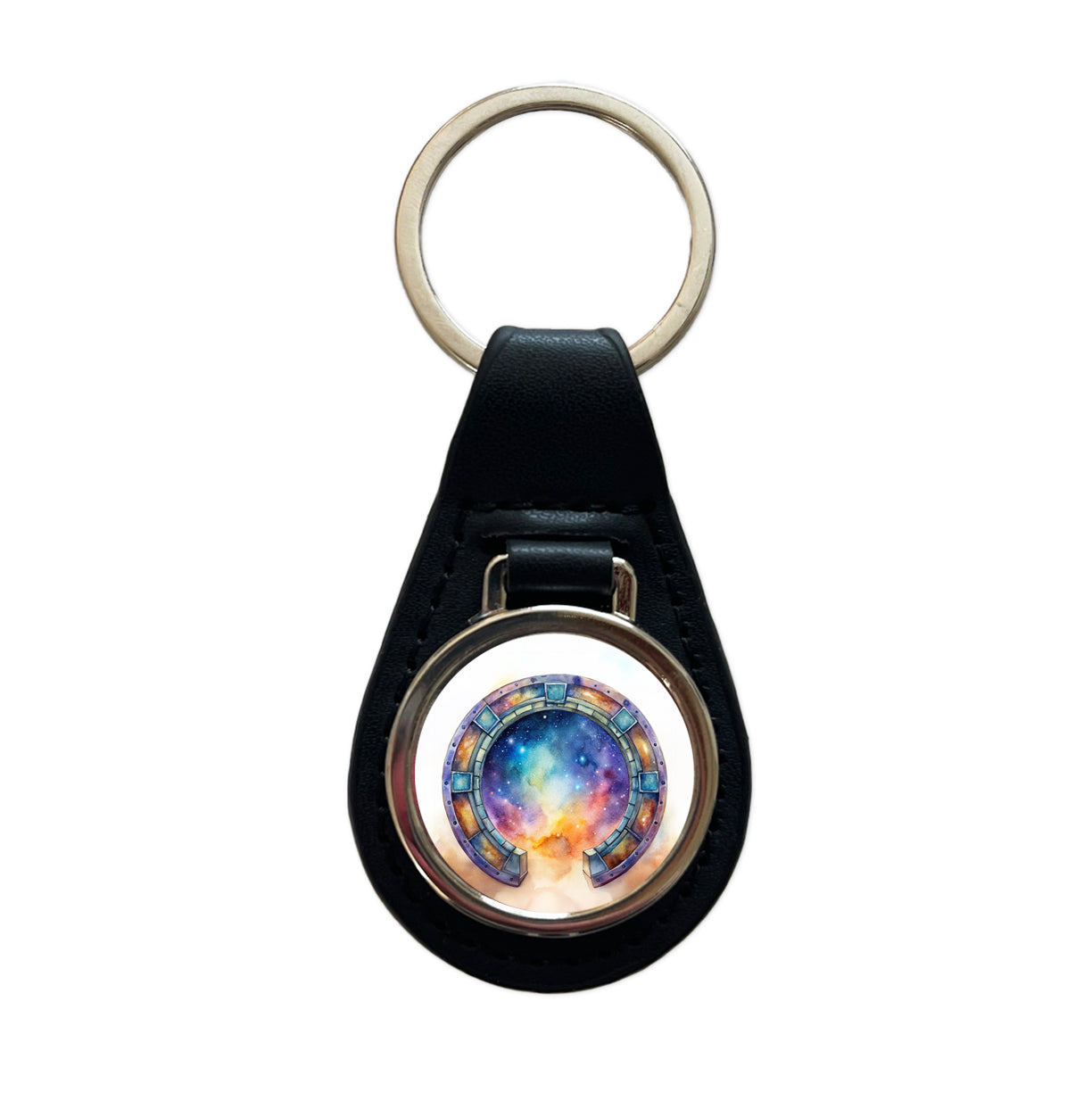 Sci-fi Gate Portal To The Stars Galaxies Watercolor Black Leather Metal Keychain