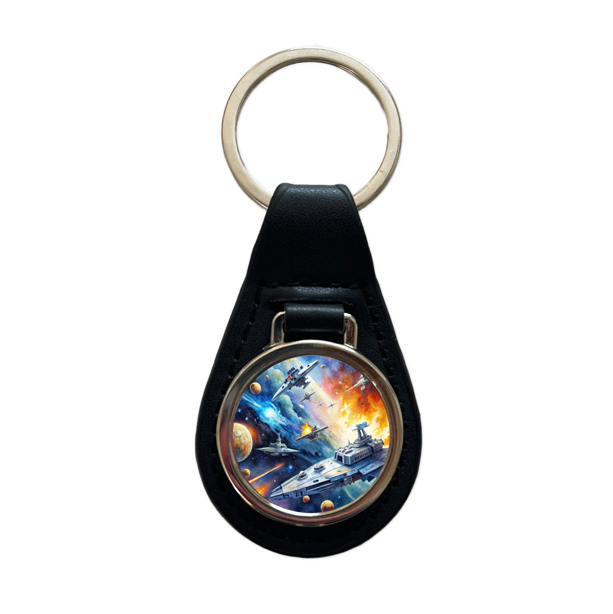Sci-fi Space Battle Watercolor Black Leather Metal Keychain