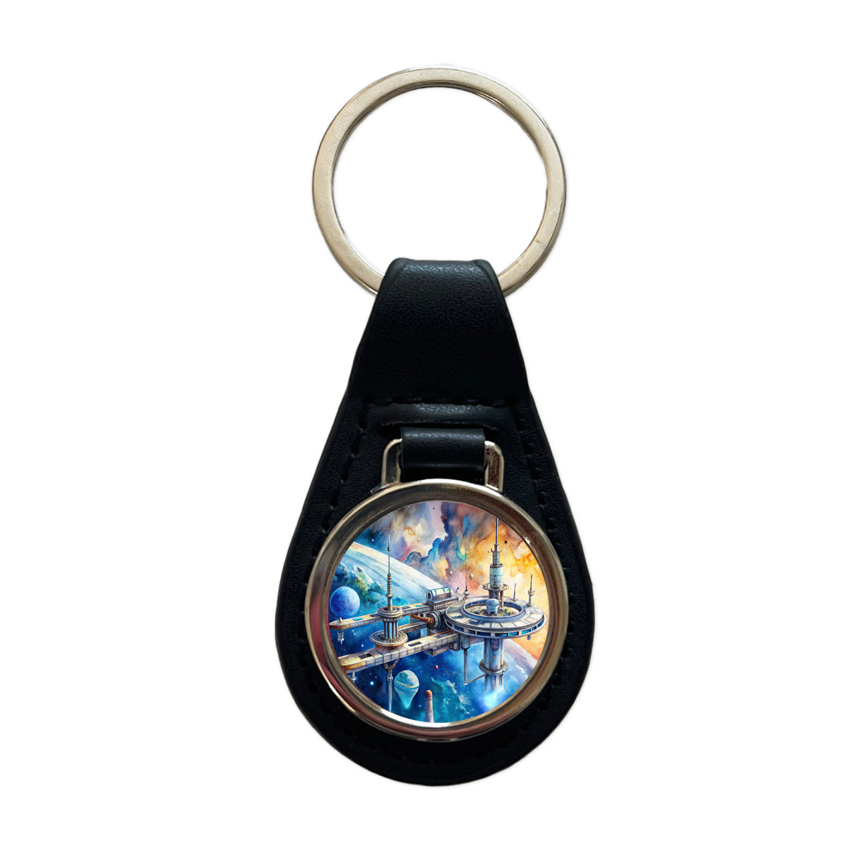 Sci-fi Space Station In Orbit Watercolor Black Leather Metal Keychain