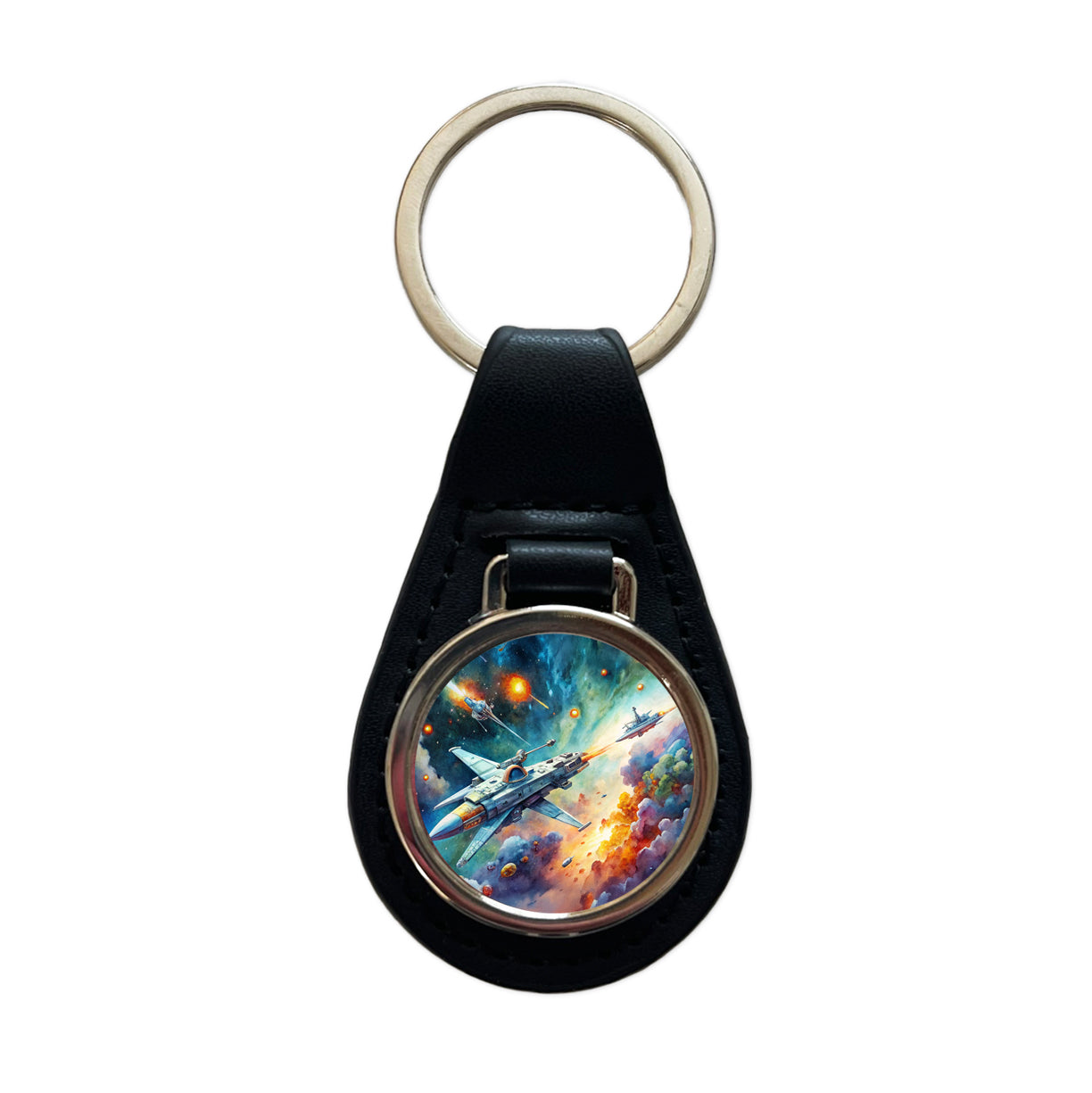Sci-fi Spaceships Fighting In Space Watercolor Black Leather Metal Keychain