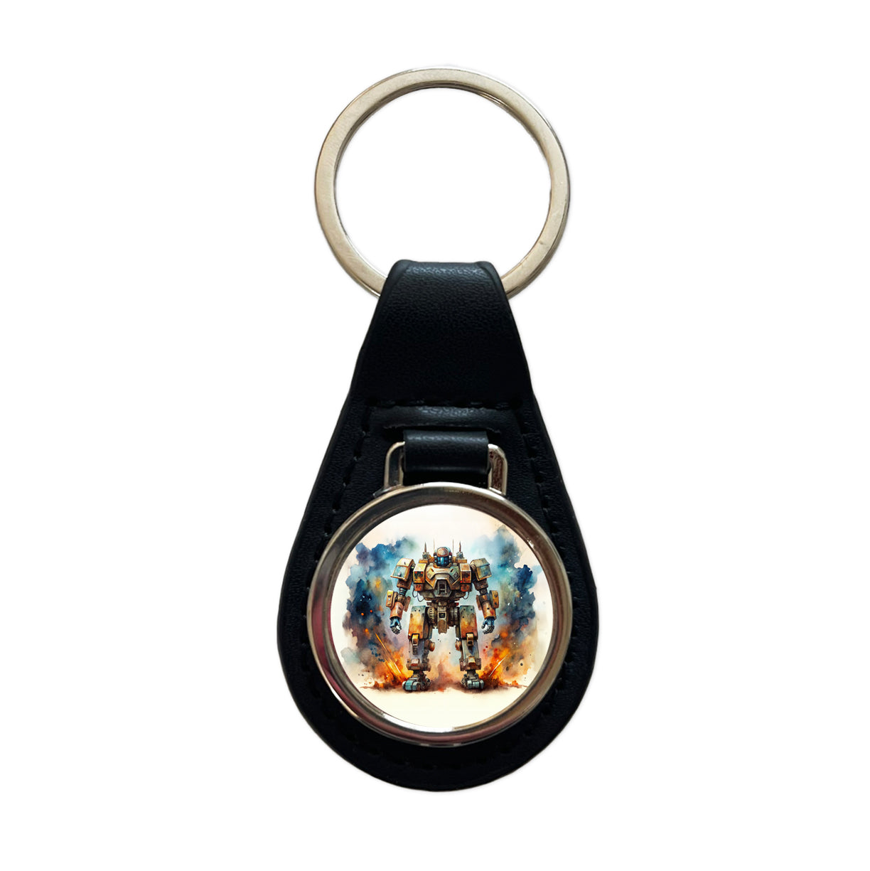 Sci-fi Steampunk Giant Robot Warrior Mech Watercolor Black Leather Metal Keychain