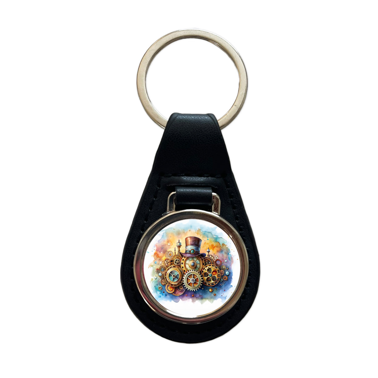 Sci-fi Steampunk Hat And Gears Watercolor Black Leather Metal Keychain