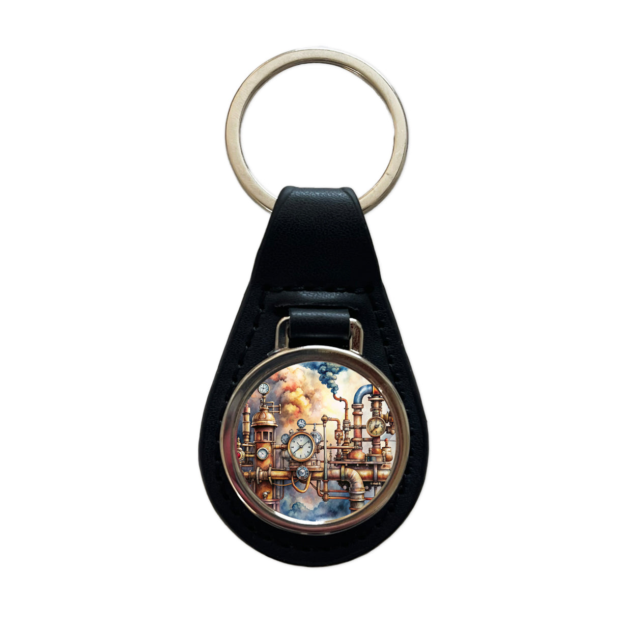 Sci-fi Steampunk Pipes Steam Gauges Watercolor Black Leather Metal Keychain