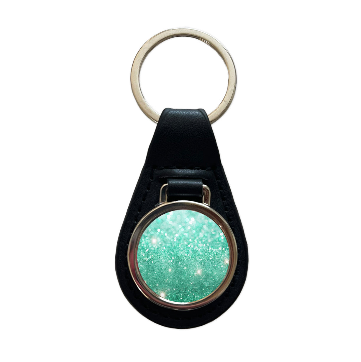Sea Green Faux Glitter Black Leather Metal Keychain