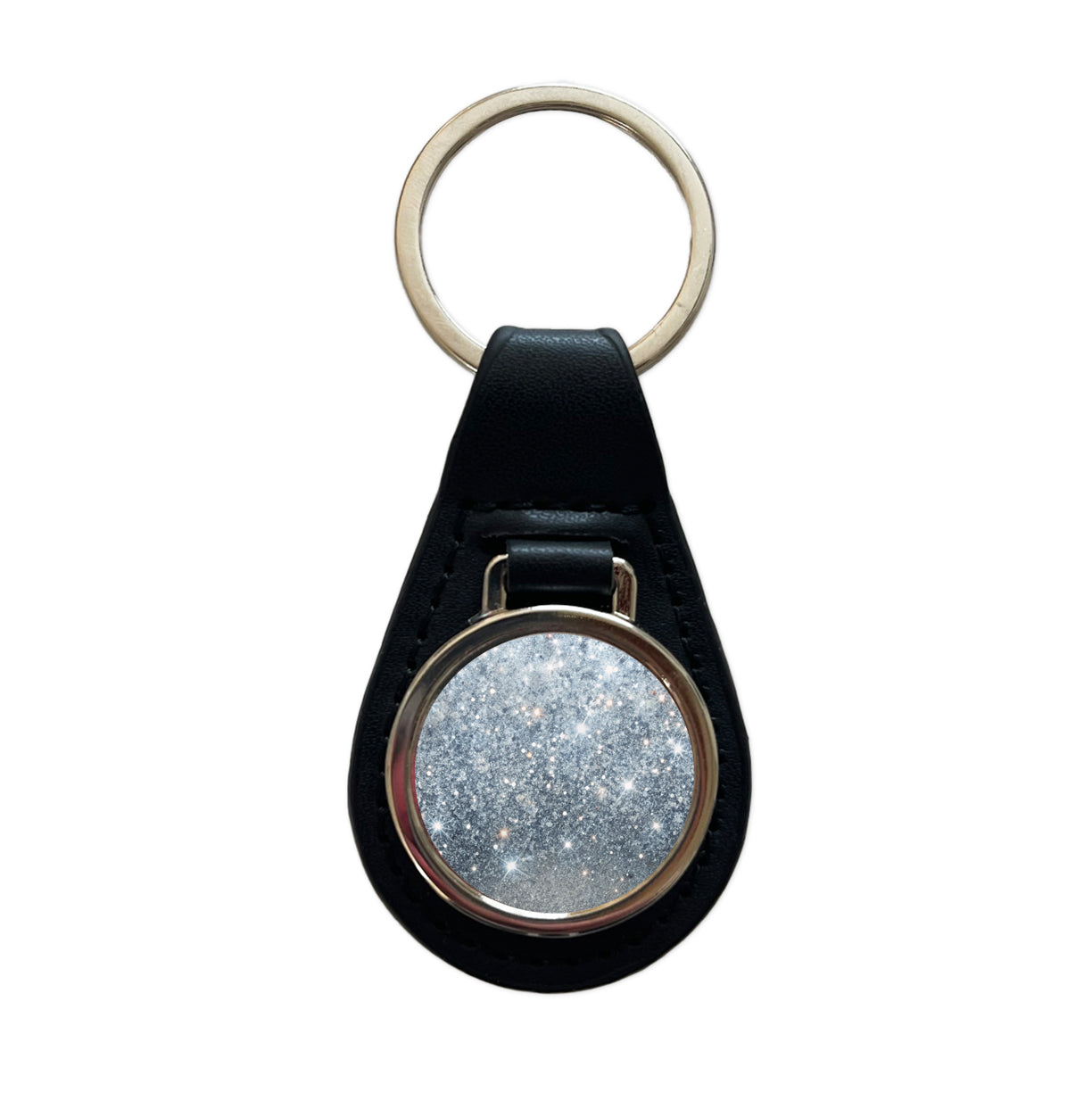 Silver Faux Glitter Black Leather Metal Keychain