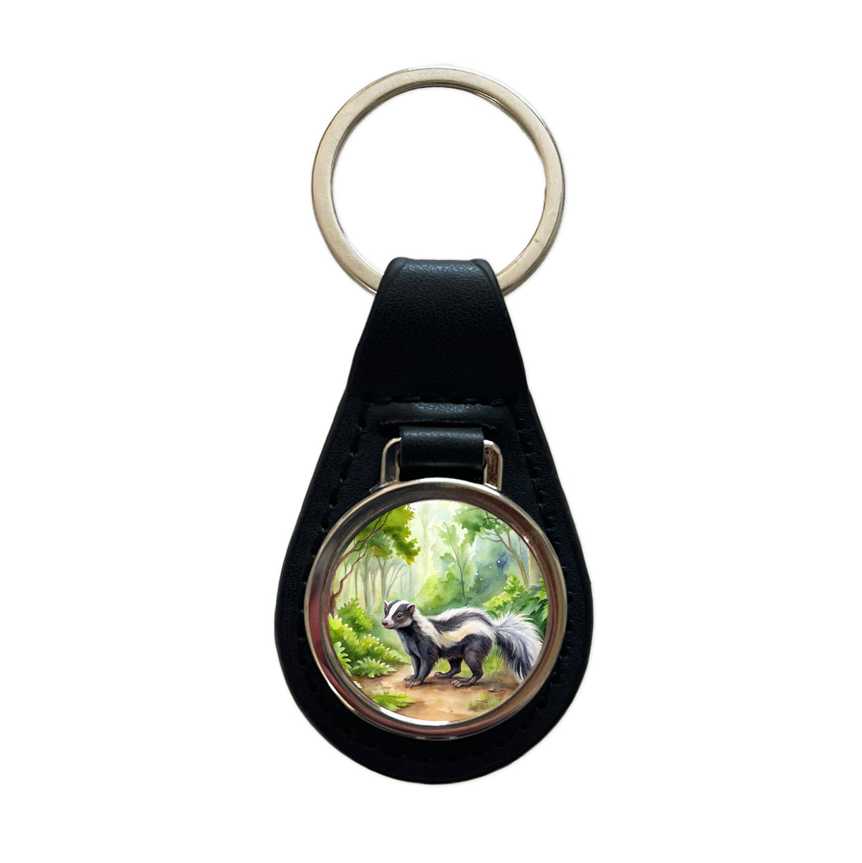 Skunk In The Forest Watercolor Black Leather Metal Keychain
