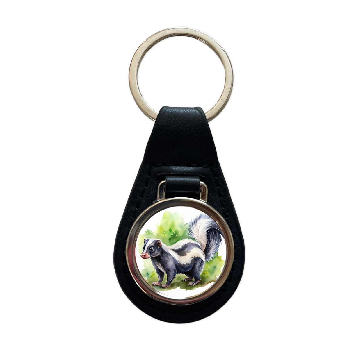 Skunk Watercolor Black Leather Metal Keychain