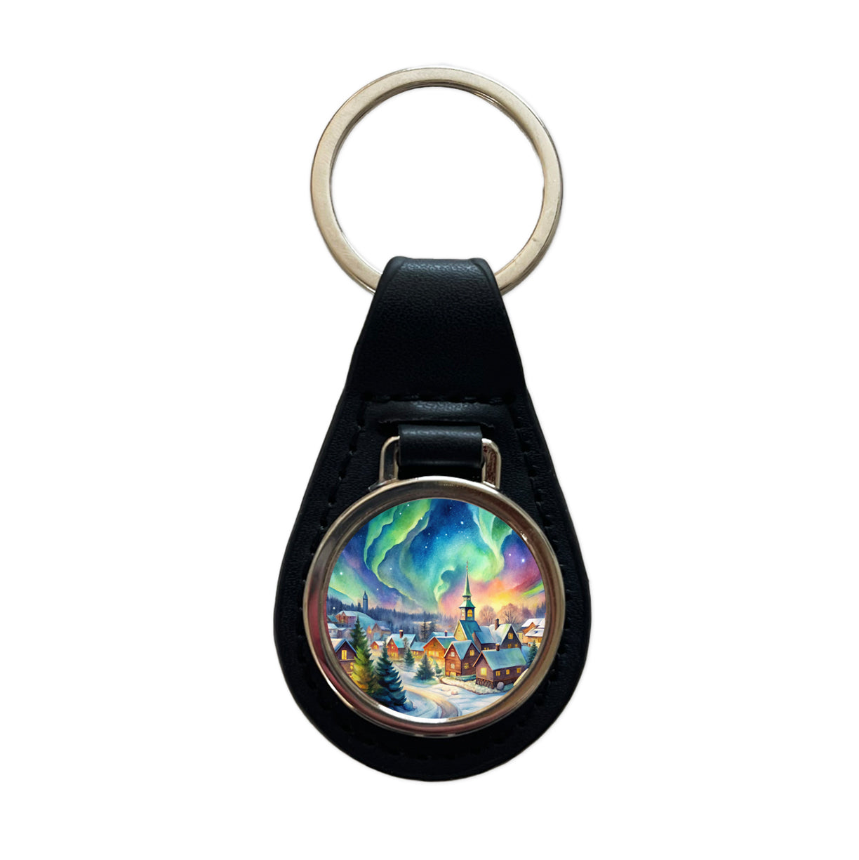 Small Town Northern Lights Watercolor Black Leather Metal Keychain