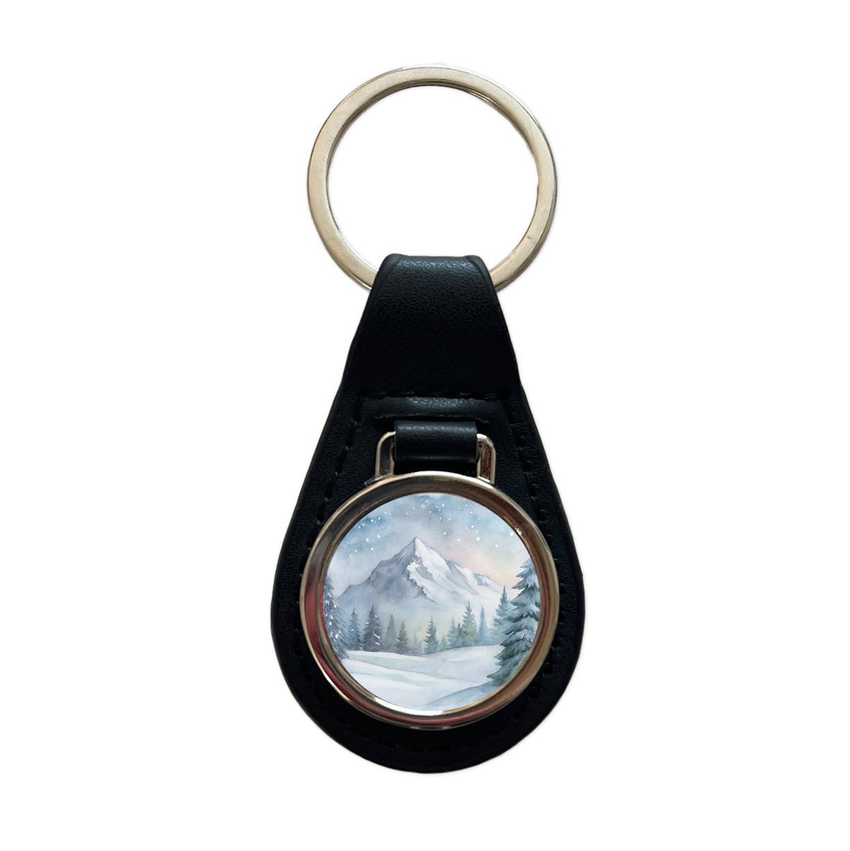 Snowy Wilderness Watercolor Black Leather Metal Keychain