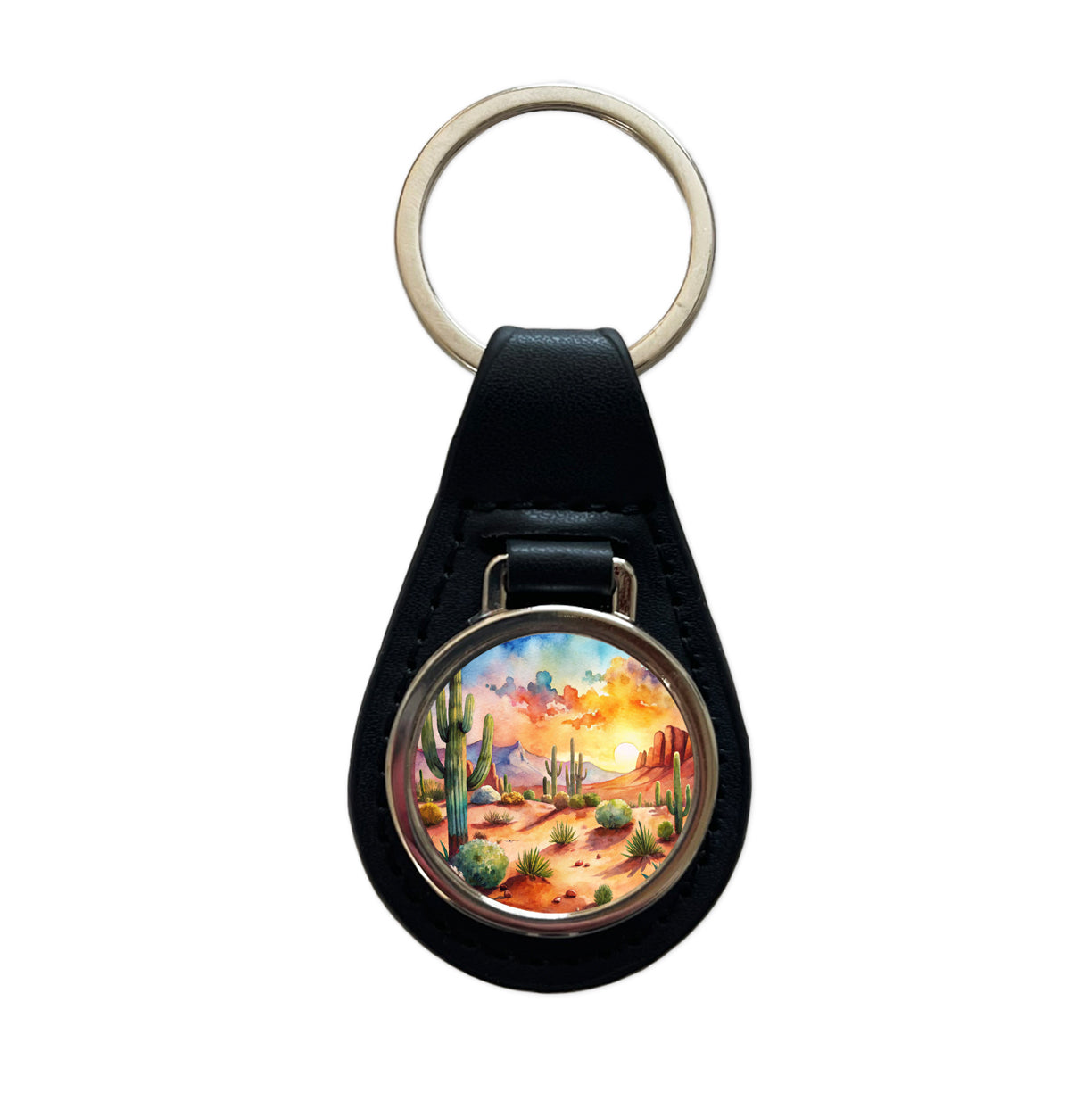 Southwest Desert Cactus Watercolor Black Leather Metal Keychain