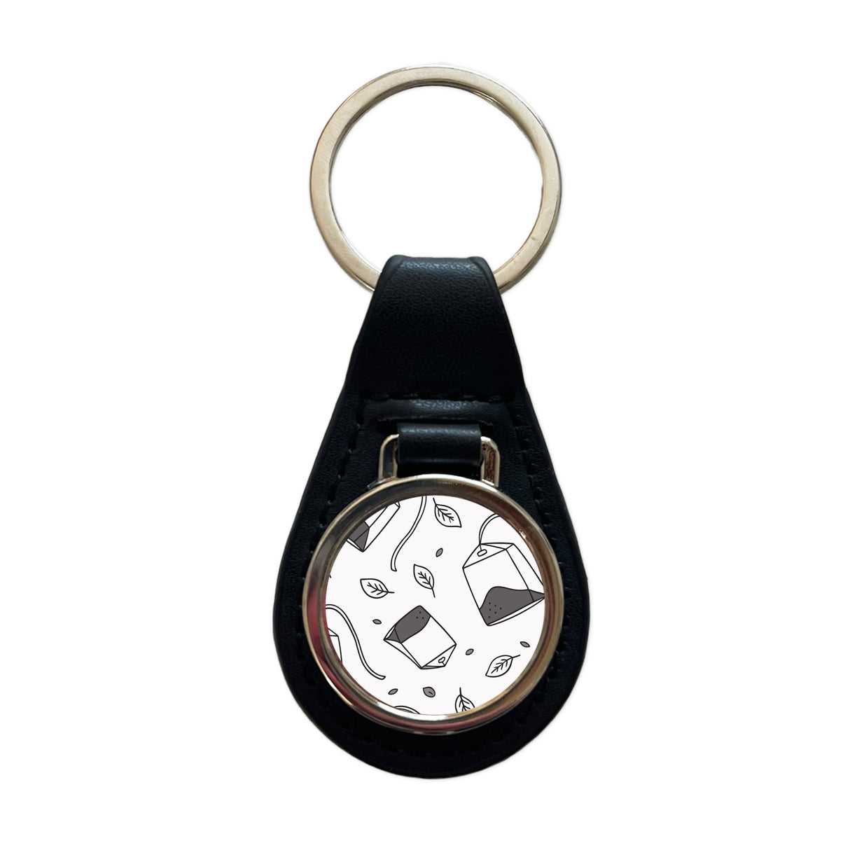 Spinning Tea Bags Black Leather Metal Keychain
